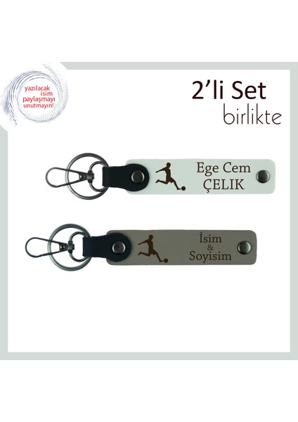 Erkek Sevgiliye Tarz Sahibi Hediyelik, Futbol Figürlü Yazı Eklenebilir Anahtarlık Set, Beyaz-Kül Gri