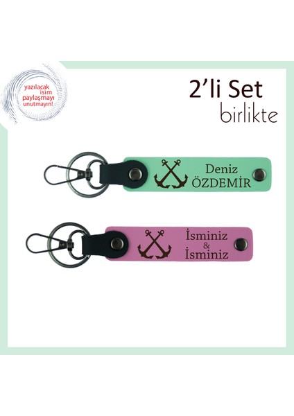 Sakinliği ve Gücü Temsil Eden Çıpa Figürlü Anahtarlık, Kişiye Özel Deri Tasarım, Açık Yeşil-Pembe