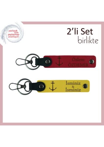 Gemi ve Deniz Temalı Hediye Arayanlara Uygun, Çıpa Motifli Kişisel Deri Anahtarlık, Kırmızı-Sarı