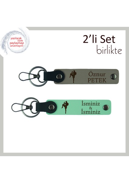 Kız Sevgiliye Karizmatik Dövüş Hediyesi, Tekvando Figürlü Isim Yazılı Anahtarlık, Kül Gri-Açık Yeşil