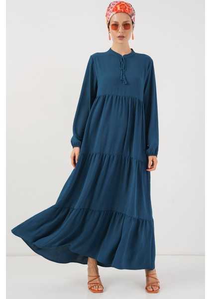 Kadın BDART Fiyonk Bağcıklı Maxi Elbise Blue