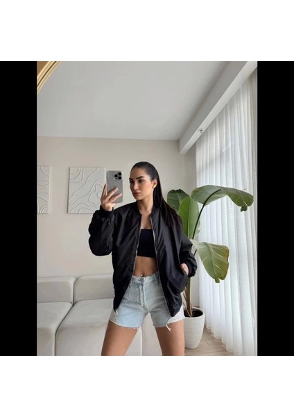 Unisex Içi Astarlı Düz Bomber Ceket - Siyah