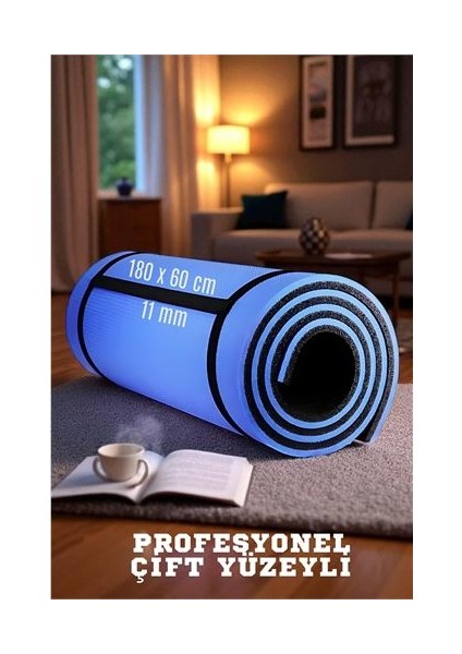 Pilates Matı Spor Matı Yoga Matı 11 mm Çift Taraflı Mavi