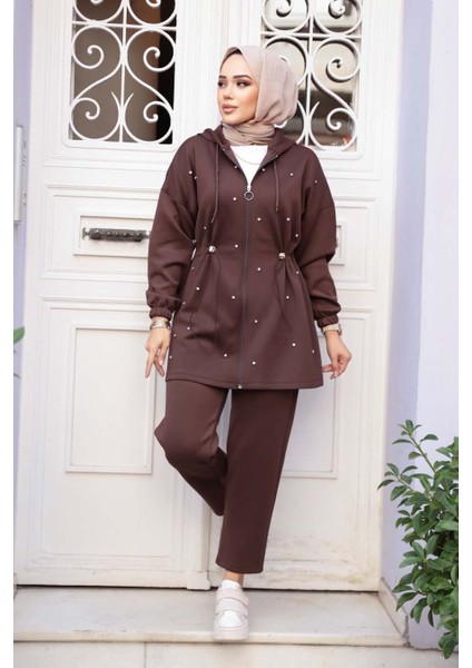 Kapşonlu Koyu Kahverengi Tesettür Ikili Takım 12271KKH