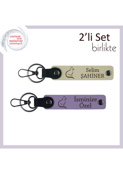 Pati Seven Sevgiliye Mini Hediye, Kedili, Kişisel Deri Anahtarlık, Sütlü Kahve-Mor Menekşe