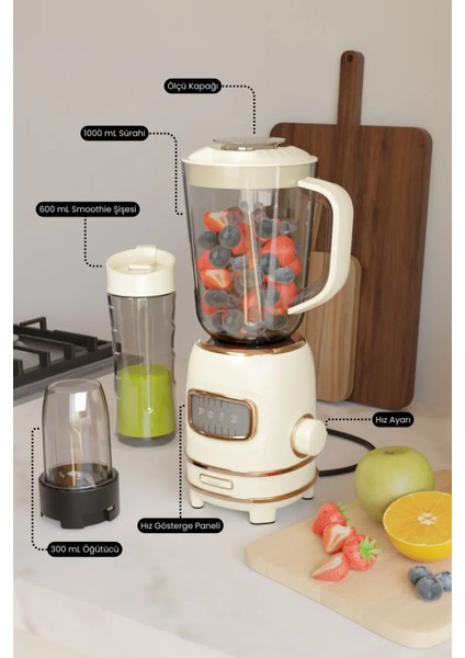 Kişisel Blender Seti Öğütücülü Smoothie Şişeli Blender 1,0 Litre Blendir Seti FR-BL01 Retroblend