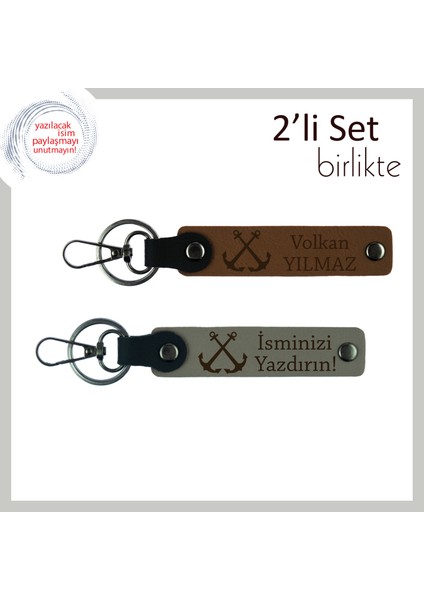 Çıpa Figürlü Deri Anahtarlık, Kişiselleştirilebilir Deniz Hatırası 2’li Set, Açık Kahve-Kül Gri