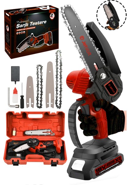 Jetvolt Profesonel Metal Dişli 18V 1.5AH Şarjlı Dal Budama Testeresi - Kırmızı