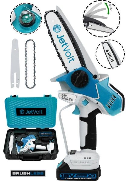 Jetvolt Extra Power Kömürsüz Motor Şarjlı El Testeresi Ağaç Odun Dal Kesme Budama Mavi - Mavi
