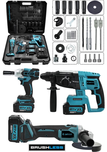 Jetvolt 21V 2.0AH 3 Lü Set Şarjlı Matkap Hilti 2-26MM 450NM Torklu Vidalama Somun Sıkma Şarjlı Taşlama 125MM - Mavi