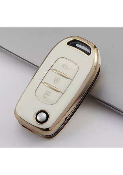 Renault Express 3 Buton Sustalı Nano Anahtar Kılıfı Beyaz Gold 1.ci Kalite