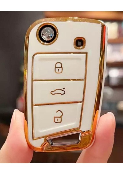 Seat Leon Fr Ibiza Arona Tarraco Lüks Nano Anahtar Koruma Kılıfı Beyaz Gold Altın Renk