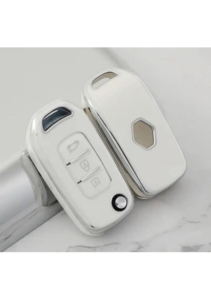 Renault Megane 4 Clio 5 Captur Taliant Express Sustalı 3 Buton Nano Anahtar Kılıfı Beyaz Gümüş Renk