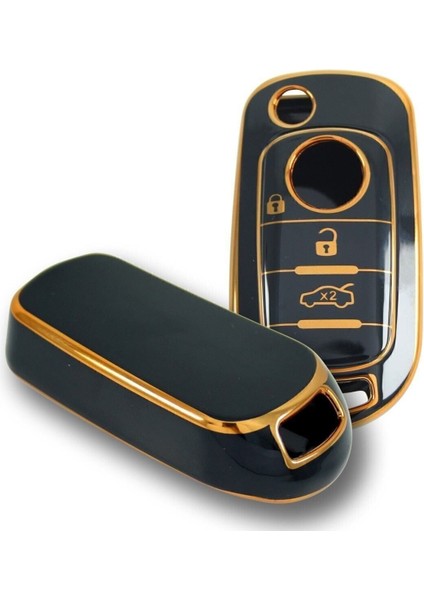 Lüx Fiat Egea Sustalı 3 Buton Nano Anahtar Kılıfı Siyah Gold 1.ci Kalite modelleri