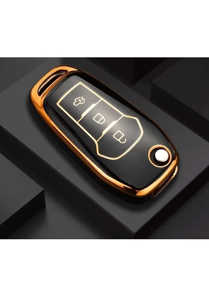 Lüx Ford Fiesta Ecosport Focus 4 Mondeo Ranger 3 Buton Sustalı Nano Anahtar Kılıfı Siyah Gold Renk
