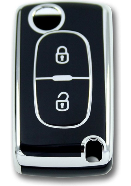Lüx Peugeot 307 Citroen C3 2 Buton Sustalı Nano Anahtar Kılıfı Siyah Silver Gümüş Renk 1.ci Kailte