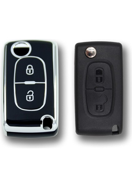 Lüx Peugeot 307 Citroen C3 2 Buton Sustalı Nano Anahtar Kılıfı Siyah Silver Gümüş Renk 1.ci Kailte fiyatları