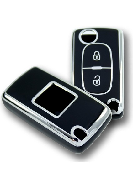 Lüx Peugeot 307 Citroen C3 2 Buton Sustalı Nano Anahtar Kılıfı Siyah Silver Gümüş Renk 1.ci Kailte modelleri