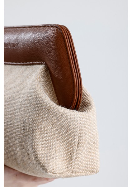 Kadın Kahverengi Çerçeveli Kendinden Desenli Jüt Clutch El Çantası