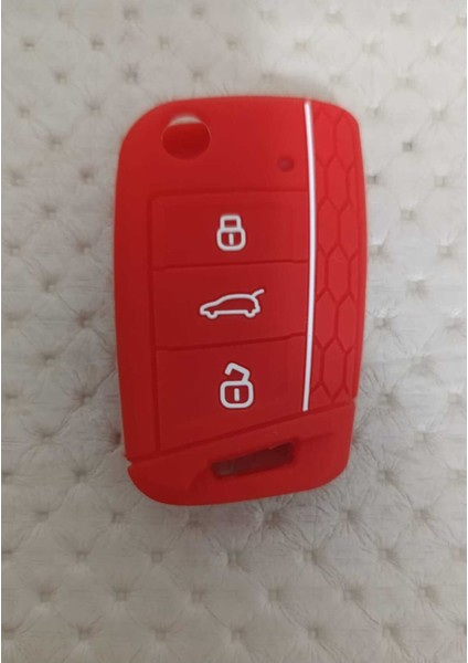 Vw Golf 7 Tiguan Polo T-Roc T-Cross Seat Skoda Sustalı Petek Desenli Anahtar Kılıfı Kırmızı Beyaz