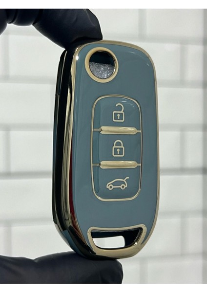 Lüx Renault Taliant 3 Buton Sustalı Nano Anahtar Kılıfı Gri Gold Altın Renk 1.ci Kalite