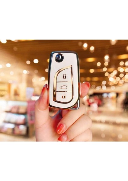 Toyota Corolla 3 Buton Sustalı Auris Yaris Verso Avensis Aygo Hilüx Nano Anahtar Kılıfı Beyaz Gold