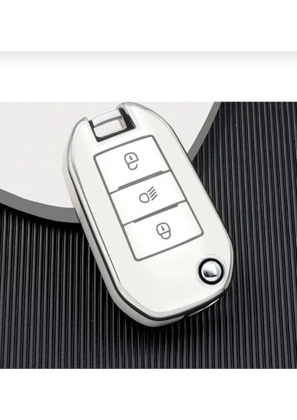 Peugeot 3008 208 308 Rifter Citroen C4 Opel Combo Sustalı Farlı Nano Anahtar Kılıfı Beyaz Gümüş Renk