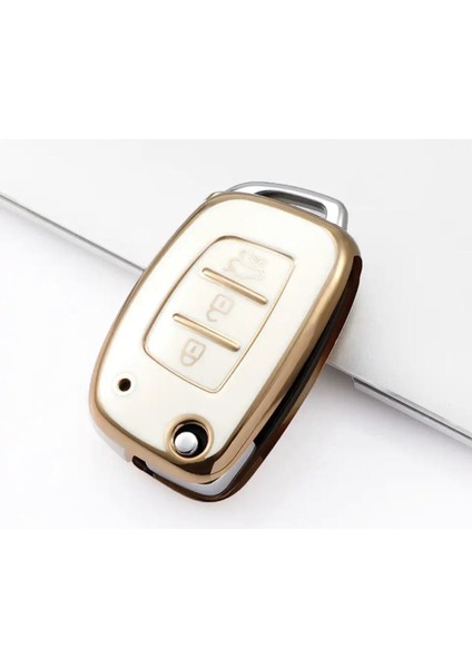 Lüx Hyundai Bayon I10 I20 IX35 Elantra Tucson Anahtar Kılıfı Sustalı Model Beyaz Gold Altın Renk