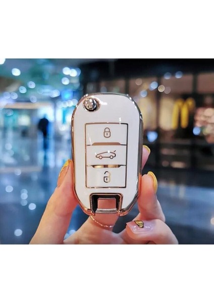 Lüx Citroen C3 C4 C5 Jumpy Sustalı Nano Anahtar Koruma Kılıfı Beyaz Gold Altın Renk