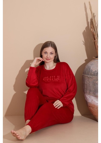 Kadın Kışlık Fransız Kadife Büyük Beden Bisiklet Yaka Uzun Kol Pijama Takımı 03130 - 1 Adet modelleri