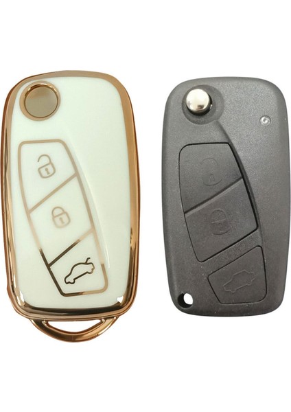 Lüx Fiat Linea, Fiorino Ducato, Boxer, Jumper Sustalı Nano Beyaz Gold Altın Renk Anahtar Kılıfı