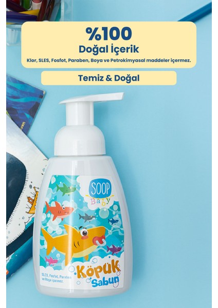 Bebek Köpük Sabun Pudra Kokulu | Vegan Hipoalerjenik | Eğlenceli Köpük Form -Shark 4 x 300 ML modelleri