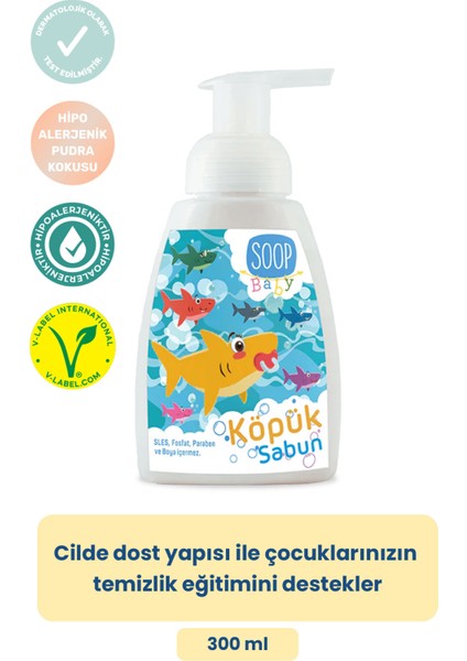Bebek Köpük Sabun Pudra Kokulu | Vegan Hipoalerjenik | Eğlenceli Köpük Form -Shark 4 x 300 ML fiyatları