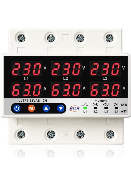 Jıujı Ev Tipi Trifaz Gerilim ve Akım Koruma Rölesi Voltaj Koruyucu 63A 3 Fazlı - Ayrışık Faz Koruma