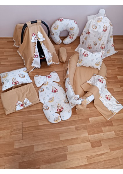 Vizon Ayıcıklı Ponponlu Oval Yataklı 10 Parça Babynest Seti