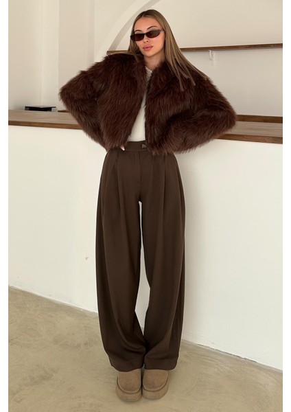 Sıfır Yaka Crop Suni Kürk Ceket Kahve 1014