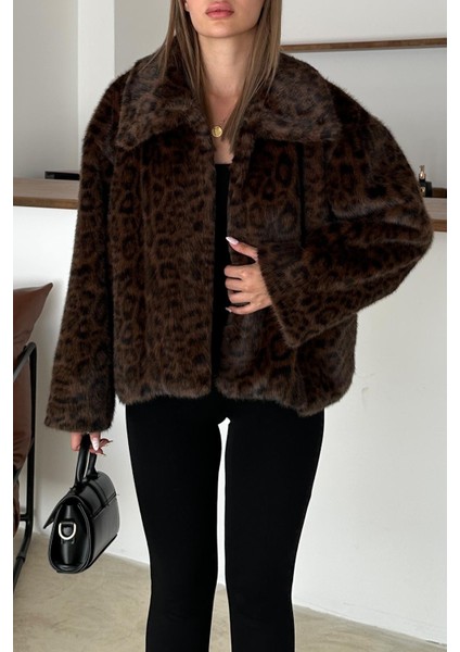 Leopar Desenli Oversize Suni Kürk Ceket Kahve 1010 fiyatları