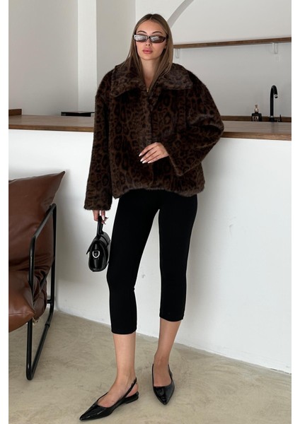 Leopar Desenli Oversize Suni Kürk Ceket Kahve 1010 indirimleri