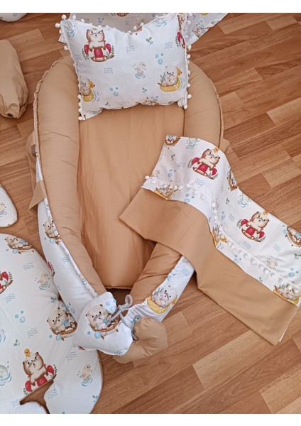 Vizon Ayıcıklı Ponponlu Oval Yataklı 10 Parça Babynest Seti
