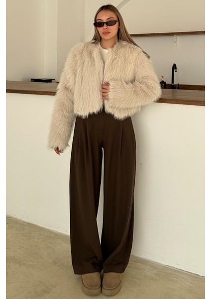 Sıfır Yaka Crop Suni Kürk Ceket Taş 1014