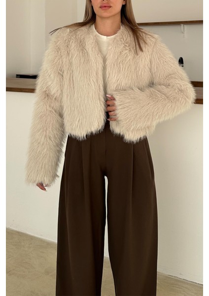 Sıfır Yaka Crop Suni Kürk Ceket Taş 1014 modelleri