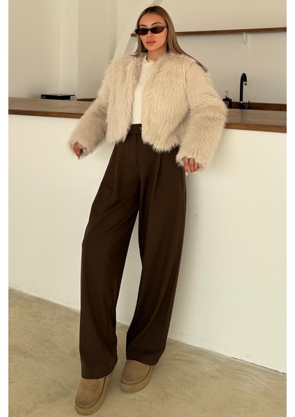 Sıfır Yaka Crop Suni Kürk Ceket Taş 1014 fırsatları