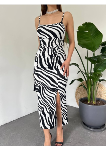 Kadın Zebra Baskılı Omuz Askılı Sırt Dekolteli Yırtmaç Detay Elbise