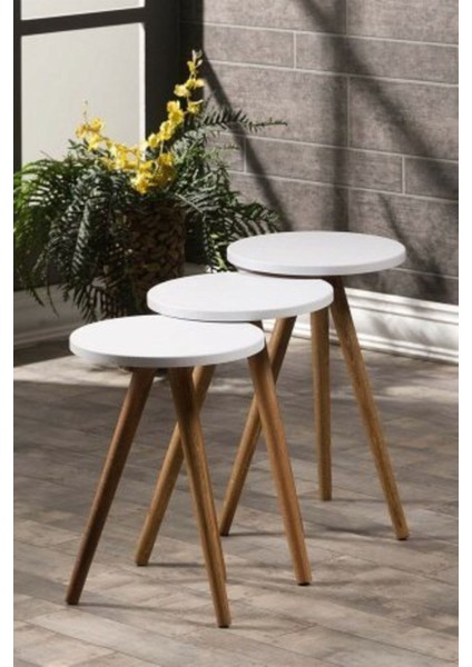 Zigon Sehpa 3 Lü Ahşap Orjinal Torna Ayak Beyaz