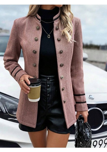 Kadın Uzun Kollu Hakim Yaka Düğme Detaylı Mini Dokuma Ceket fiyatları