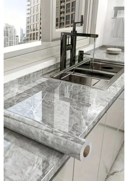 Mermer Desenli Sticker Folyo Atina Grisi 60CM*5MT T04