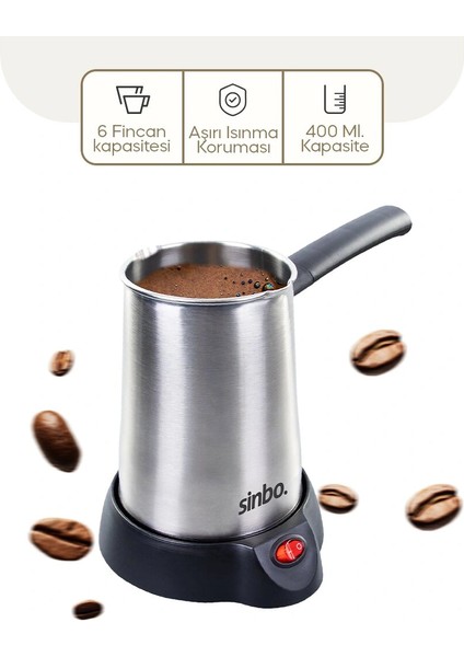 Çelik Elektrikli Cezve Türk Kahve Makinesi - 6FİNCAN=400ML Çift Yönlü Dökme Ağız 360 Derece Dönebilen Taban SCM-2958 (5047)