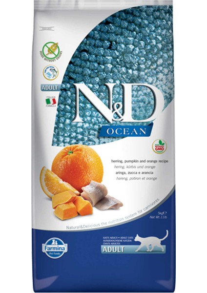 Nd Ocean Tahılsız Ringa Balığı Balkabağı ve Portakallı Yetişkin Kedi Maması 5kg