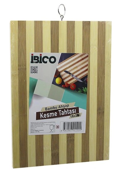 18 x 28 x 1.4cm Beyaz Çizgili Ahşap Bambu Kesim Panosu - Kesme Tahtası Metal Kulplu (5047)