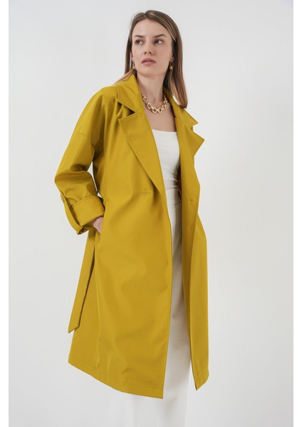 Kadın Bdart Desenli Polyester Trençkot, Şal Yaka Yeşil